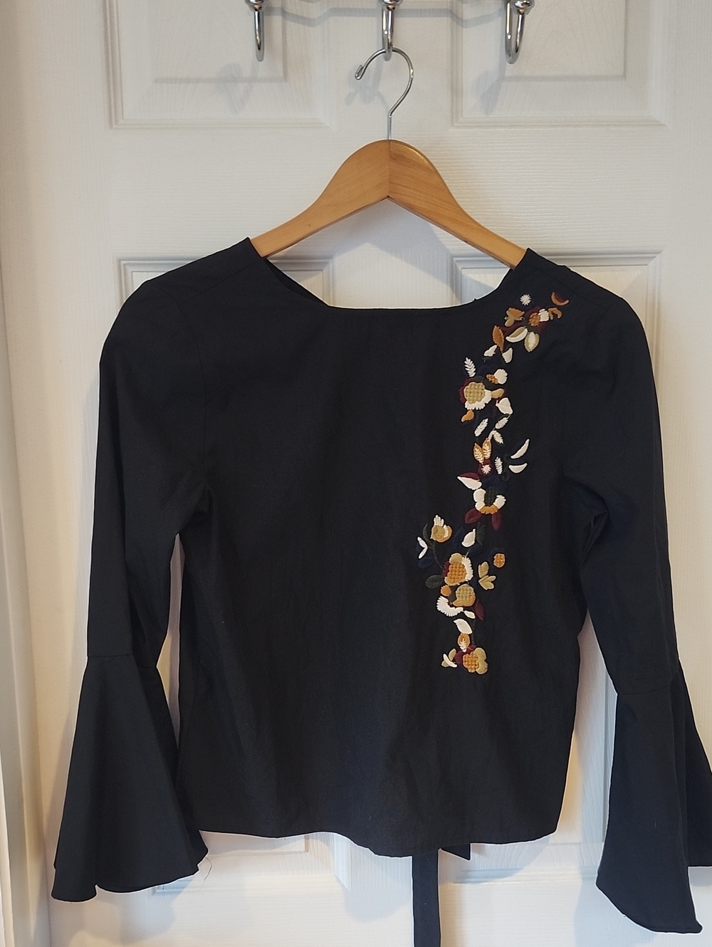 Women’s Black Embroidered Bell-Sleeve Blouse